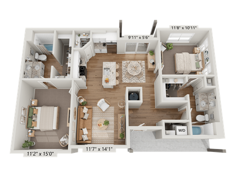 Floor plan for 2 beds, 2 baths, 1041 sqft